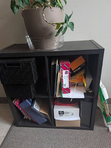 Black Cubby Storage Shelf With Office Supplies Mixed Lot
