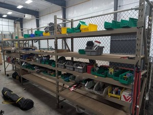 Industrial Steel Shelving System With Bins and Plywood Shelves