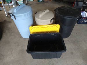 (3) Plastic Trash Bins  Storage Tote