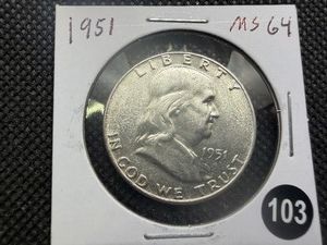 1951 Silver Franklin Half Dollar Marked MS64 When Purchased