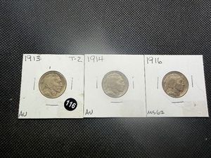 Three High Grade Buffalo Nickels 1913 Type 2, 1914, and 1916