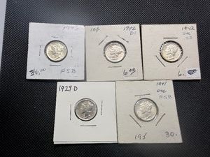 Five High Grade Silver Mercury Dimes 1929-D, 1941, and three 1942s