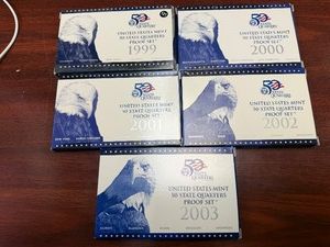 Five Sets Of U.S. Mint State Quarter Proof Sets 1999, 2000, 2001, 2002, and 2003.