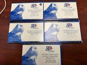 Five Sets Of U.S. Mint State Quarter Proof Sets 2004, 2005, 2006, 2007, and 2008