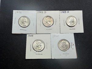 Five Silver Washington Quarters 1942, 1942-D, 1943-D, 1944, and 1945