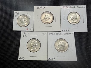 Five Silver Washington Quarters 1951, 1951-D, 1954-D, 1954-S, and 1957