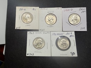 Five BU Silver Washington Quarters - 1958-D, 1959-D, 1960-D, 1963, and 1964 DD