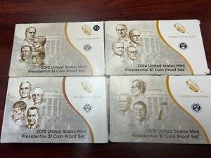 Four Presidential $1 Coin U.S. Mint Proof Sets in Orig. Mint Packages 2013, 2014, 2015, and 2016 (16 Coins) - Greysheet value for all 4 sets is $44.00