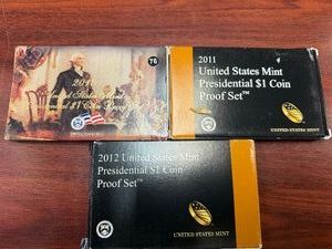 Three Presidential $1 Coin U.S. Mint Proof Sets in Orig. Mint Packages 2010, 2011, and 2012 (12 Coins) - Greysheet value for all 3 sets is $67.00