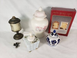 Vintage Home Decor including Chevalier Porcelain Jar, Decorative Vase, Soap Dispenser, and Photo Frames