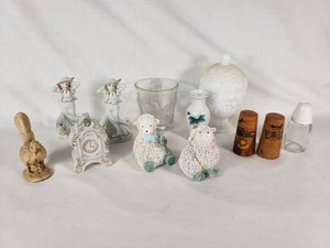 Vintage Porcelain and Glass Collectibles including Clock, Figurines, and Glassware