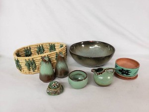 Pottery Items Including Glazed Ceramics and Woven Basket