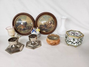 Assorted Vintage Home Decor Items including International Silver Co. Candlestick Holders, Vases, and Artwork