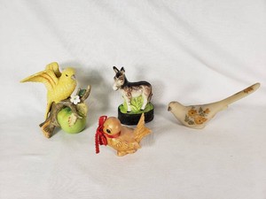 Yellow Bird on Green Apple, Brown Donkey, and Floral Bird Figurines with Brown Bird Statue