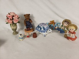Decorative Figurines and Collectibles Lot including Bear with Overalls, Floral Turtle Trinket Box, and Ceramic Child Figurines