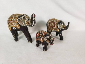 Decorative Elephant Figurines Set with Beaded and Mirrored Finish