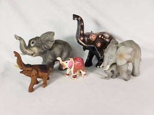 Elephant Figurines Featuring Wood Carved, Painted, and Ceramic Elephants