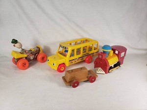 Fisher Price Toys Including Jalopy, School Bus, Locomotive, and Wooden Car