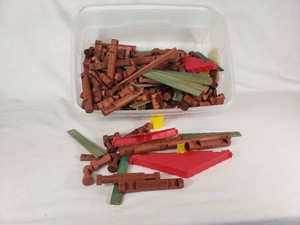 Lincoln Logs with Plastic Roof Pieces and Wooden Logs including Various Sizes