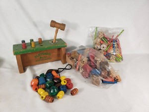 Playskool Wooden Toys including Nok-Out Bench, Wooden Blocks, and Beads