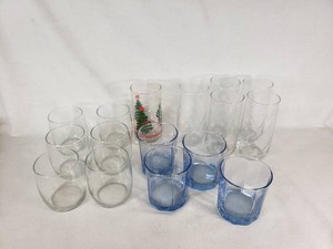 Mixed Drinking Glassware Including Holiday Glass and Blue Tumblers