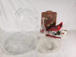 Glass Holiday Plates and Cardinal Decor, including Decorative Bell and Figurines