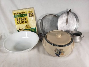 Kitchenware and Picnic Items Including Corelle Bowl, Ceramic Crock, and Picnic Tablecloth