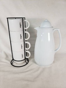 Coffee Cup Stack with Stand and White Thermos Carafe