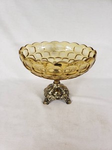 Amber Glass Pedestal Compote Bowl with Ornate Metal Base