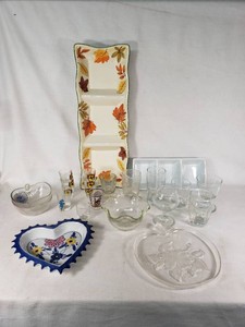 Various Glass and Ceramic Kitchenware Items including Heart-Shaped Dish, Glass Apple-Shaped Bowl, and Shot Glasses