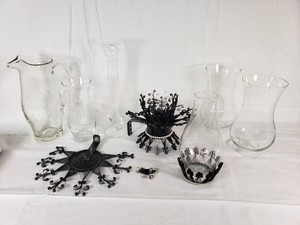 Glassware and Iron Candle Holder Set including Pitcher, Vases, and Candle Holders