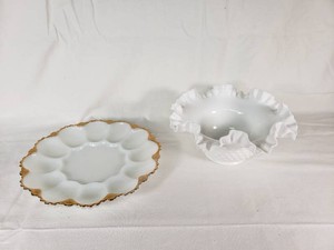 Fenton Milk Glass Ruffled Bowl and Divided Plate with Gold Trim Set