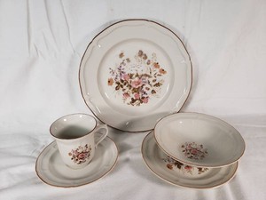 Brick Oven Stoneware Dinnerware from Antique Array, including 11 Dinner Plates, 4 Coffee Plates, 11 Dessert Plates, 12 Cups, and 4 Bowls