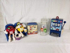 M&Ms Collectible Items, Tin, Glass Jar, and Slot Machine Bank