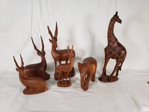 Hand-Carved Wooden Animal Figures from Kenya including Giraffe, Elephant, and Antelope Set