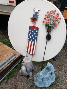 Patriotic and Decorative Garden Decor Including Bear Statues and Welcome Turtle