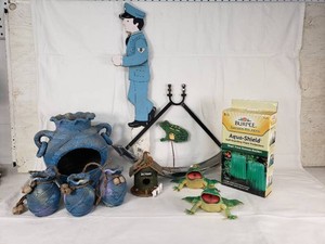 Burpee Garden Helpers Aqua-Shield, Blue Decorative Pot with 3 Small Pots, Frog Figurines, and Bird Haven
