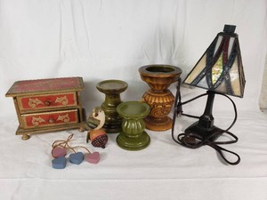 Miniature Wooden Cabinet with Drawers, Stained Glass Lamp, and Figurines