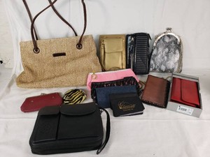 Purses, Wallets, and Accessories Including Straw Tote, Leather Organizer, and Faux Snakeskin Bag