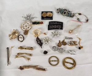 Lot of Vintage and Costume Jewelry Items including Brooches, Gold and Pearl Accents, Multi-Colored Bracelet, and Fashion Earrings