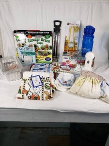 Kitchen and Household Items Lot including Forever Green Bags, Corn Cutter, and Egg Cracker