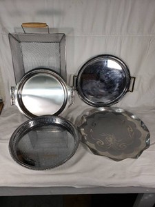 Stainless Steel Serving Trays and Mesh Basket with Handles