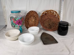 Corelle and Miscellaneous Kitchen Items Including Break-Resistant Bowls, Beverage Dispenser, and Baskets