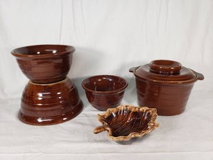 Monmouth USA Oven Proof Pottery with Leaf Dish and Bowls