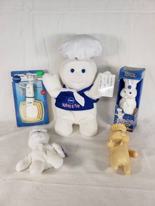 Pillsbury Doughboy Collectible Toy Lot including Plush Doll, Rubber Figure, and Foaming Hand Soap Dispenser