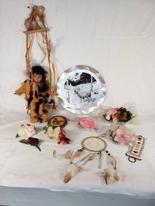 Native American Doll, Dream Catcher, and Decorative Items with Northern White-tailed Deer Plate