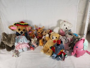 Lot of Stuffed Animals and Plush Toys including Elephants, Bears, and Dogs