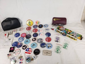 Assorted Cosmos Space Festival Buttons, Rugrats Watch, Eyeglasses, and Sewing Needles