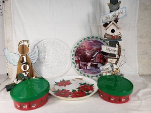 Wooden Angel Decoration and Holiday Plate Set with Signs, Tins, and Accessories