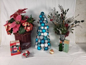 Faux Poinsettia Arrangement, Bauble Tree, and Christmas Decor Set including Candle and Santa Ornament, with Holiday Arrangement